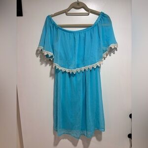 Charming Charlie Blue Mini Dress with White Lace Trim
